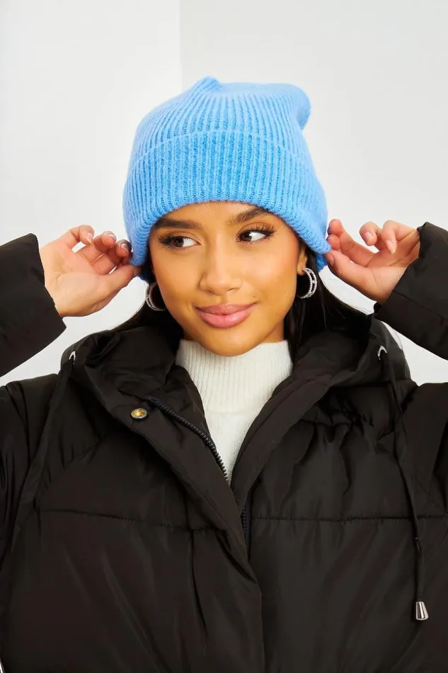 Women Wool Ribbed Beanie With Turn Up Cuff In Blue Blue Brentiny Paris Beanie