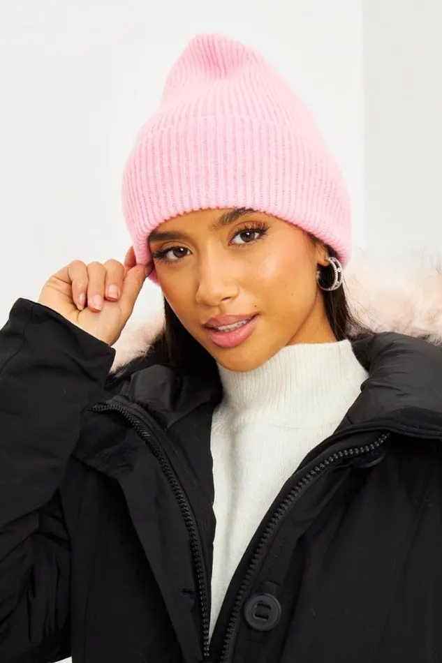 Women Wool Ribbed Beanie With Turn Up Cuff In Pink Pink Brentiny Paris Beanie