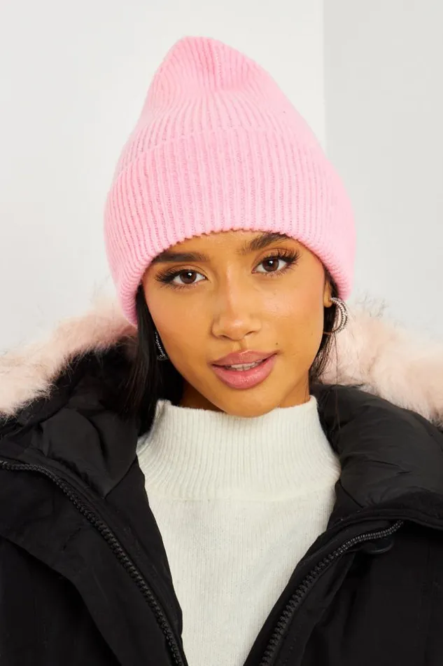 Women Wool Ribbed Beanie With Turn Up Cuff In Pink Pink Brentiny Paris Beanie