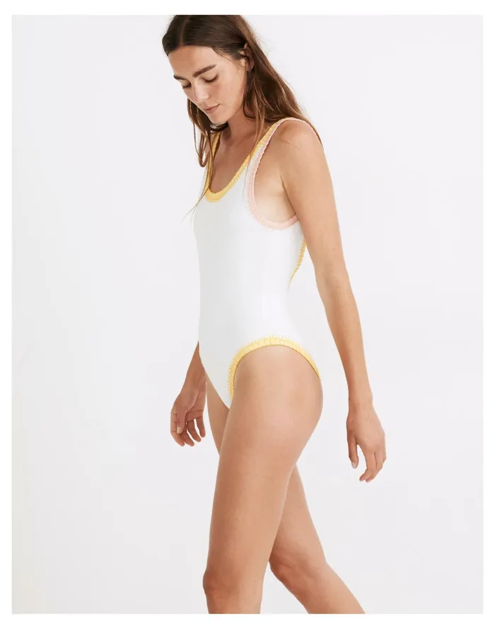 Women X Solid and Striped Crochet Trim Anne Marie One Piece Swimsuit Brule Madewell Swim Women X Solid and Striped Crochet Trim Anne Marie One Piece Swimsuit Brule Madewell Swim