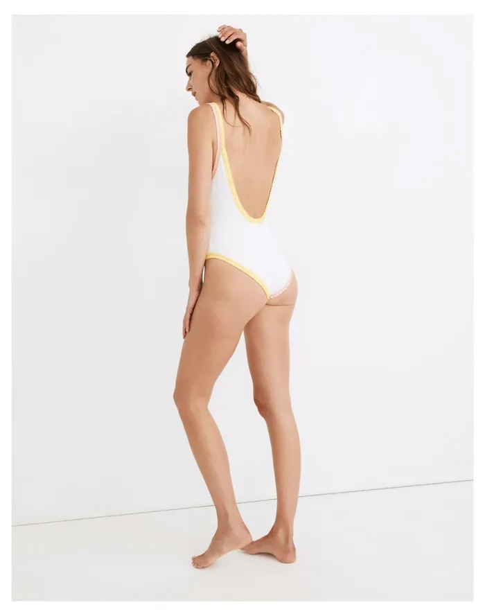 Women X Solid and Striped Crochet Trim Anne Marie One Piece Swimsuit Brule Madewell Swim Women X Solid and Striped Crochet Trim Anne Marie One Piece Swimsuit Brule Madewell Swim