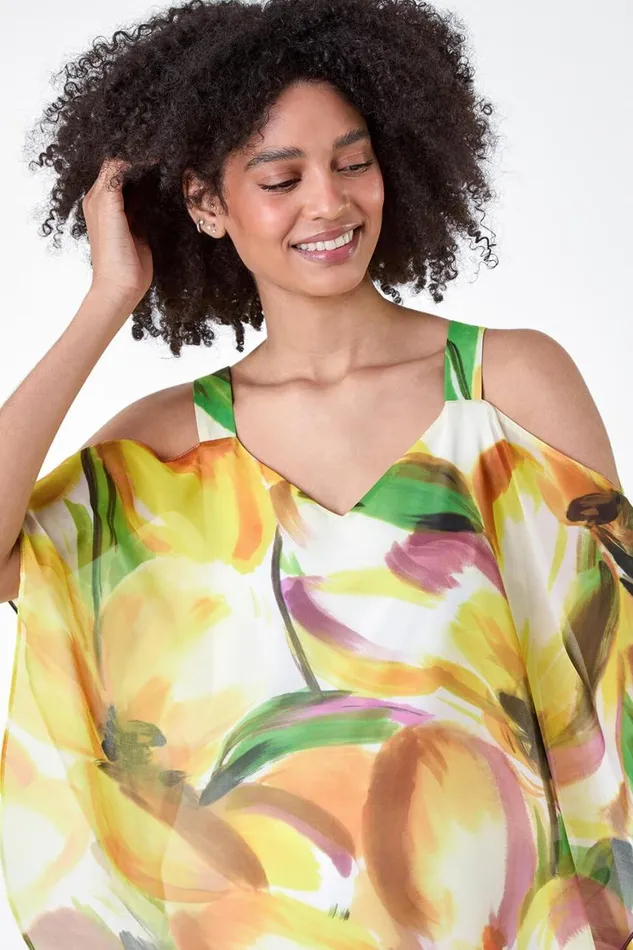 Women Yellow Abstract Print Cold Shoulder Overlay Top Roman Tops
