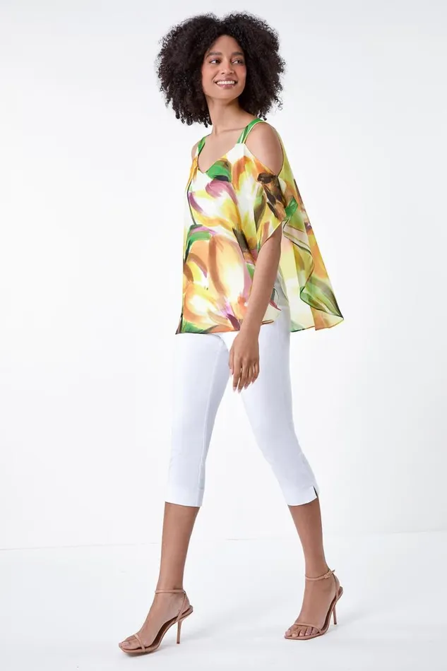 Women Yellow Abstract Print Cold Shoulder Overlay Top Roman Tops
