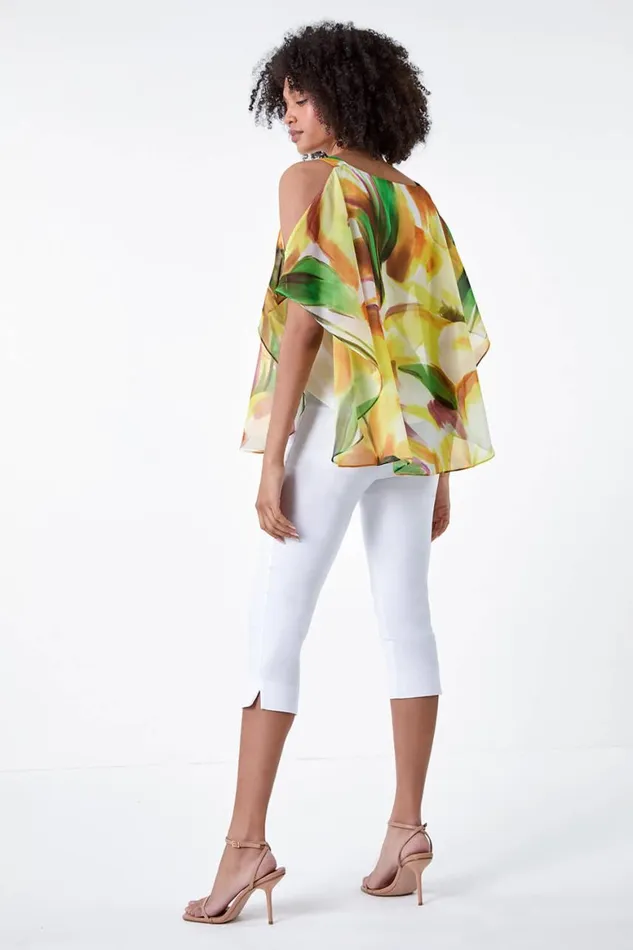 Women Yellow Abstract Print Cold Shoulder Overlay Top Roman Tops
