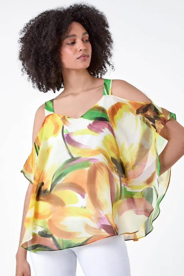 Women Yellow Abstract Print Cold Shoulder Overlay Top Roman Tops