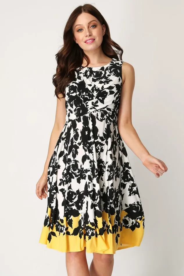 Women Yellow Floral Contrast Fit And Flare Skater Dress Roman Dresses