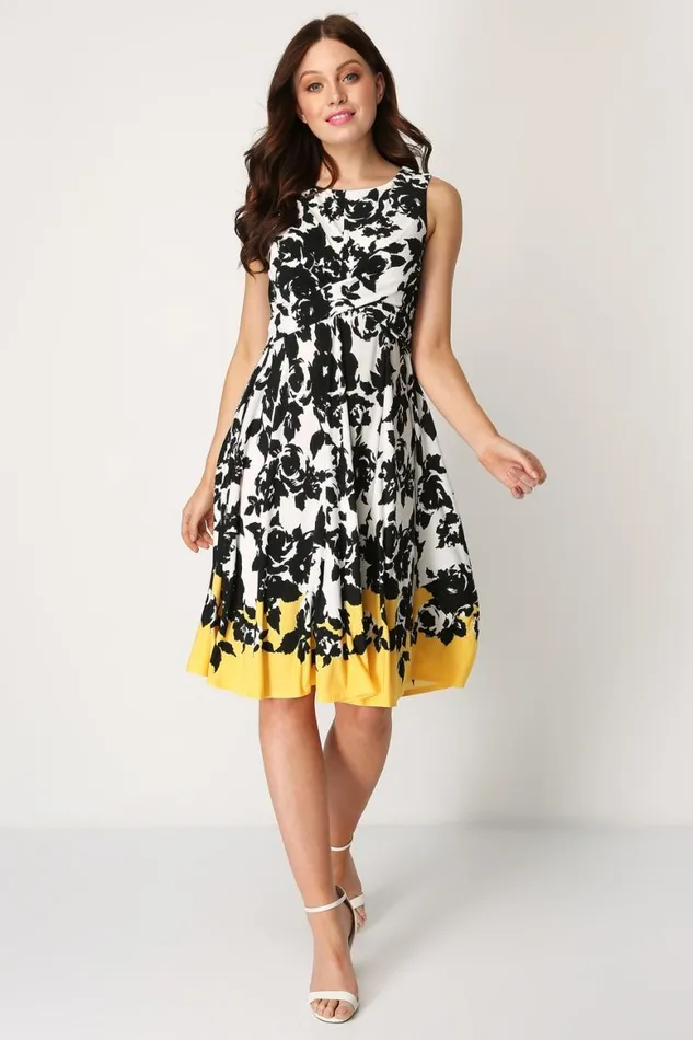 Women Yellow Floral Contrast Fit And Flare Skater Dress Roman Dresses