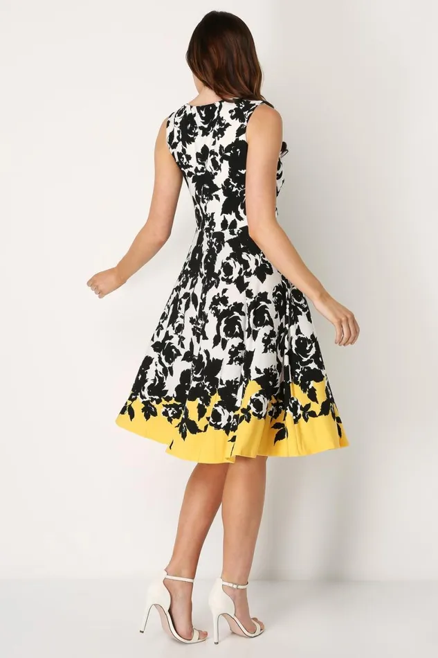 Women Yellow Floral Contrast Fit And Flare Skater Dress Roman Dresses