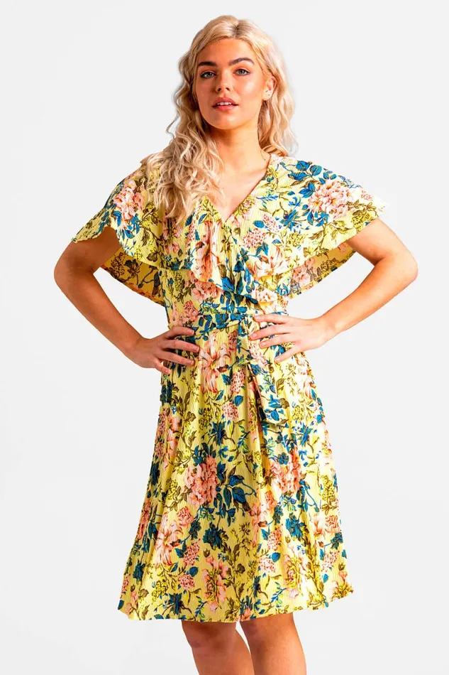 Women Yellow Floral Frill Sleeve Belted Dress Roman Dresses