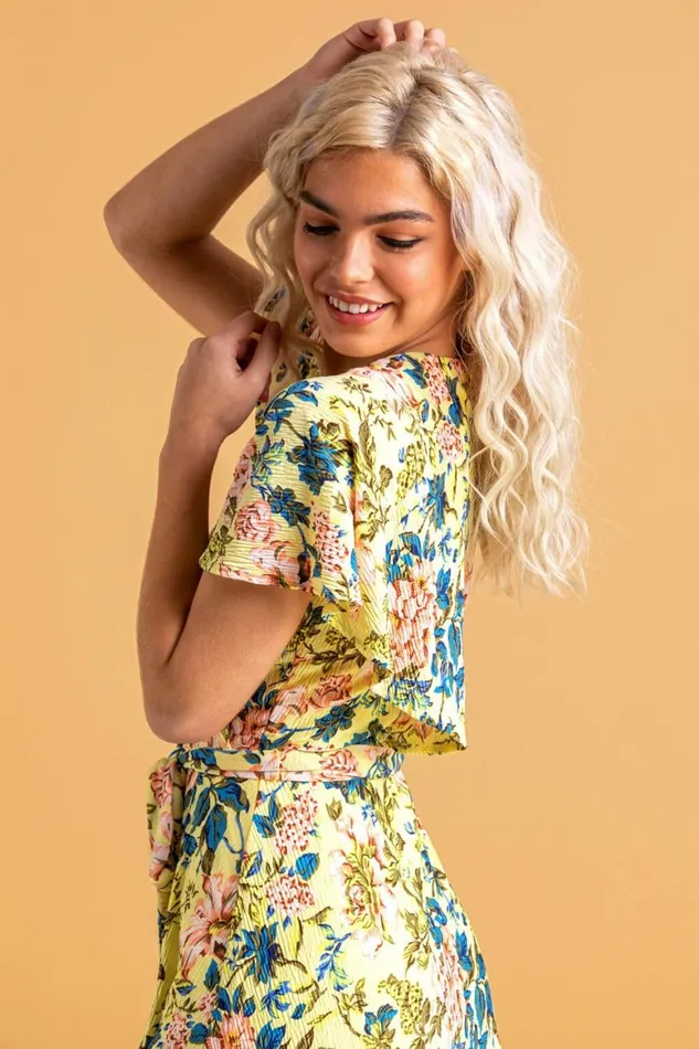 Women Yellow Floral Frill Sleeve Belted Dress Roman Dresses