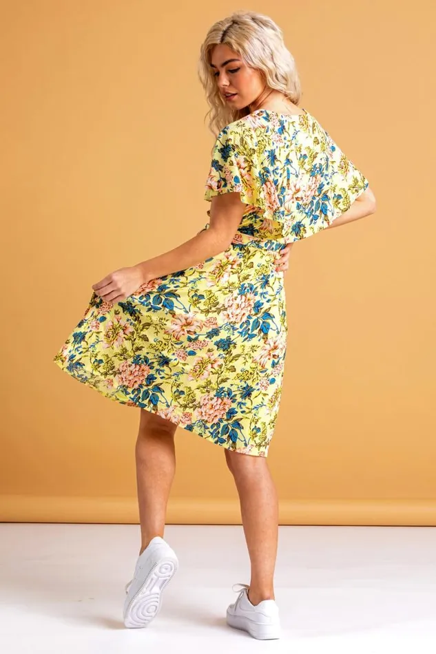 Women Yellow Floral Frill Sleeve Belted Dress Roman Dresses