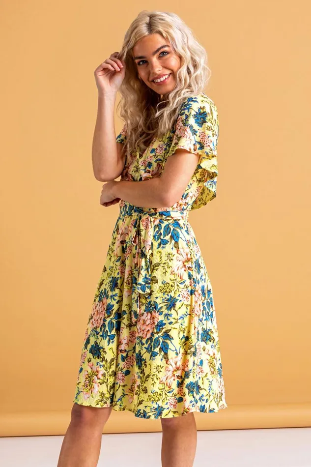 Women Yellow Floral Frill Sleeve Belted Dress Roman Dresses