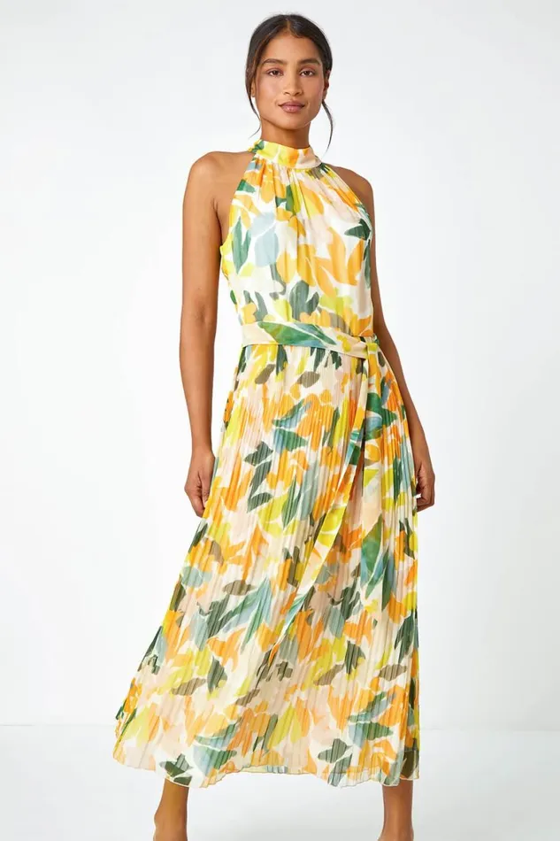 Women Yellow Floral Halterneck Pleated Chiffon Maxi Dress Roman Dresses