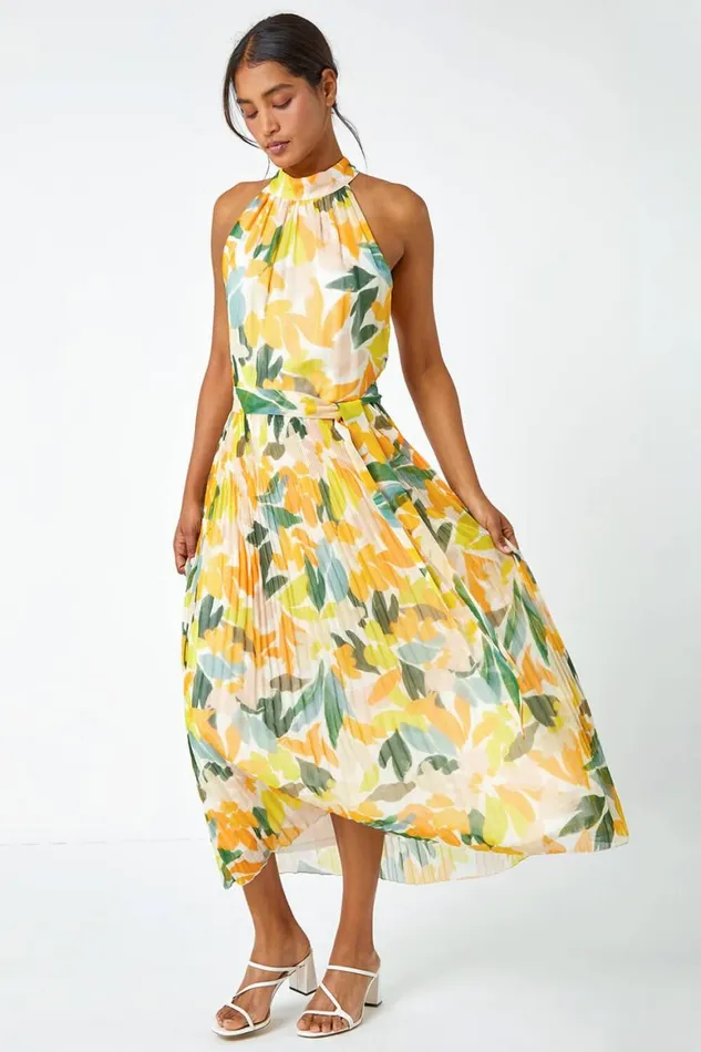 Women Yellow Floral Halterneck Pleated Chiffon Maxi Dress Roman Dresses