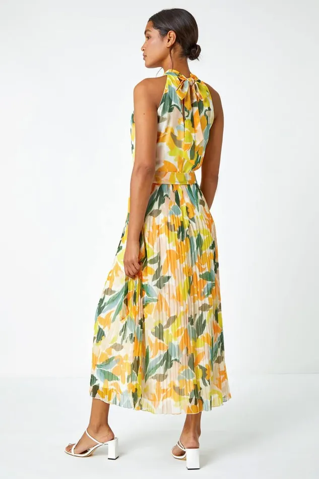 Women Yellow Floral Halterneck Pleated Chiffon Maxi Dress Roman Dresses