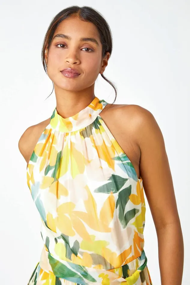 Women Yellow Floral Halterneck Pleated Chiffon Maxi Dress Roman Dresses