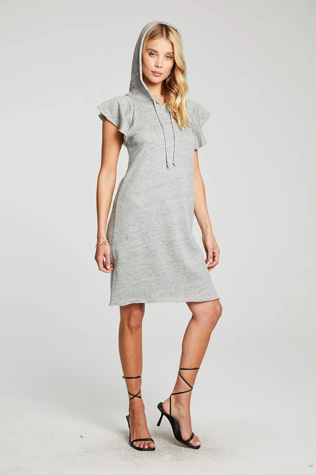 Womens Chaser Brand Linen French Terry Flutter Sleeve Hooded Sweatshirt Dress Outerwear