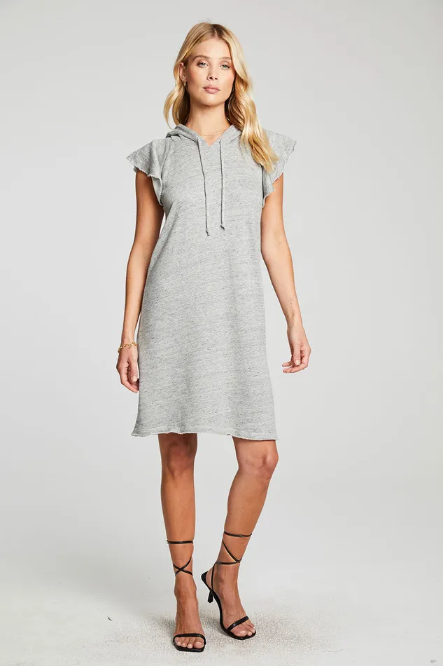 Womens Chaser Brand Linen French Terry Flutter Sleeve Hooded Sweatshirt Dress Outerwear