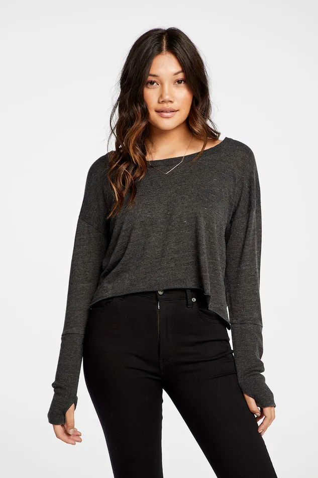 Womens Chaser Brand Triblend Jersey Cropped Open Neck Long Sleeve Thumbhole Tee Loungewear