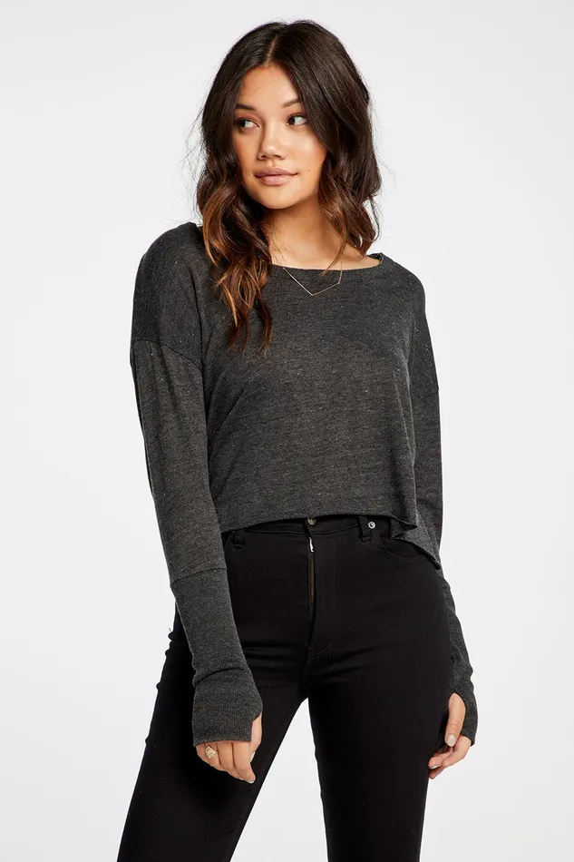Womens Chaser Brand Triblend Jersey Cropped Open Neck Long Sleeve Thumbhole Tee Loungewear