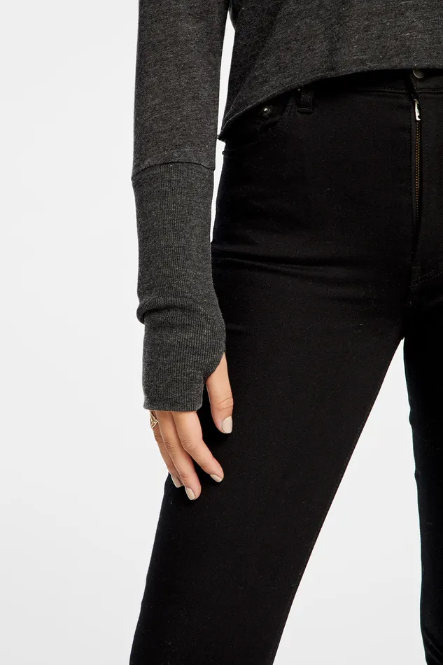 Womens Chaser Brand Triblend Jersey Cropped Open Neck Long Sleeve Thumbhole Tee Loungewear