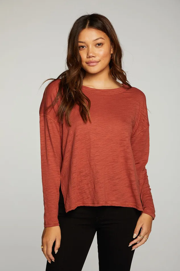 Womens Loungewear Chaser Brand Slub Jersey Long Sleeve Slit Side Boxy Tee
