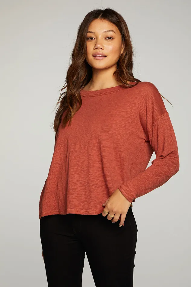 Womens Loungewear Chaser Brand Slub Jersey Long Sleeve Slit Side Boxy Tee