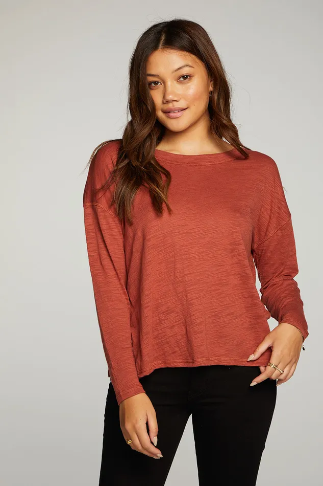 Womens Loungewear Chaser Brand Slub Jersey Long Sleeve Slit Side Boxy Tee