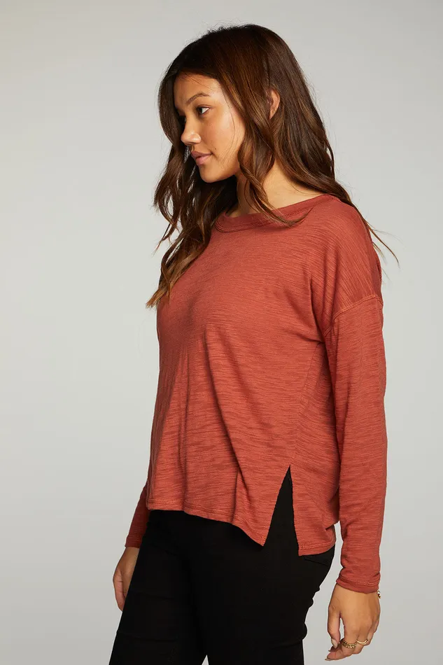 Womens Loungewear Chaser Brand Slub Jersey Long Sleeve Slit Side Boxy Tee