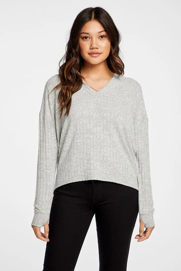 Womens Outerwear Chaser Brand Poor Boy Rib V Neck Thumbhole Pullover Hoodie
