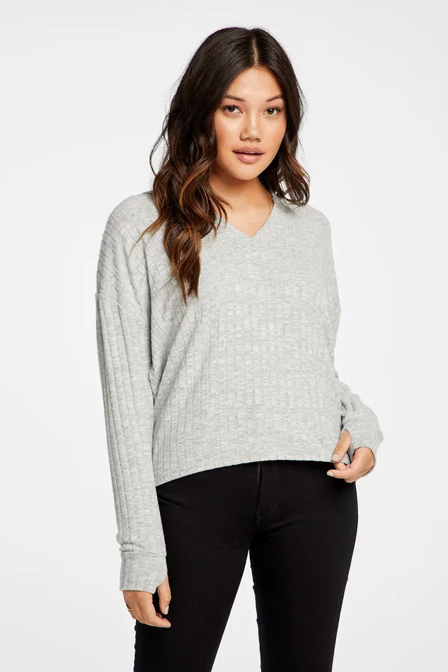 Womens Outerwear Chaser Brand Poor Boy Rib V Neck Thumbhole Pullover Hoodie