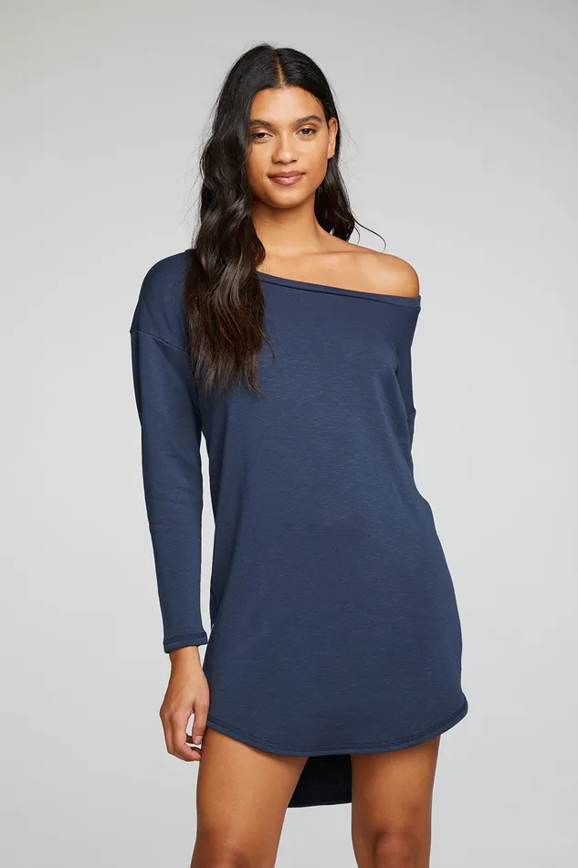 Womens Slub French Terry Long Sleeve Drop Shoulder Side Zip Hi Lo Shirttail Dress Dresses Chaser Brand