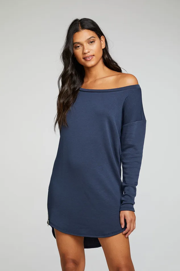 Womens Slub French Terry Long Sleeve Drop Shoulder Side Zip Hi Lo Shirttail Dress Dresses Chaser Brand