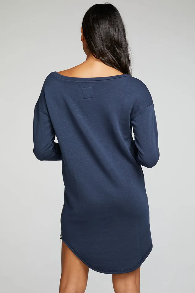 Womens Slub French Terry Long Sleeve Drop Shoulder Side Zip Hi Lo Shirttail Dress Dresses Chaser Brand