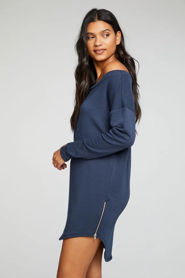 Womens Slub French Terry Long Sleeve Drop Shoulder Side Zip Hi Lo Shirttail Dress Dresses Chaser Brand
