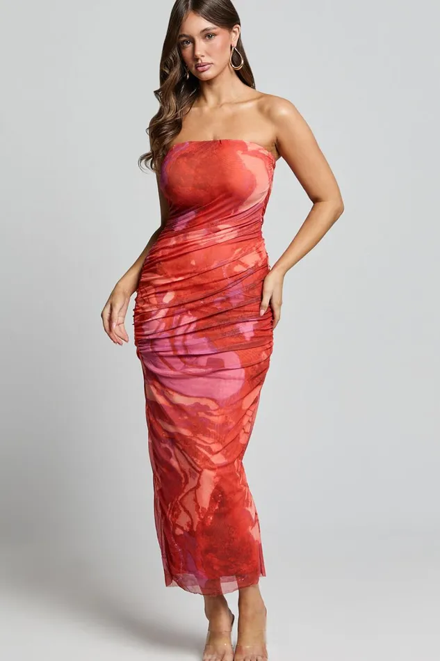 Yazmin Midi Dress 8211 Strapless Ruched Mesh Slip Dress In Pink Blur Print Women Showpo Dresses Yazmin Midi Dress 8211 Strapless Ruched Mesh Slip Dress In Pink Blur Print Women Showpo Dresses