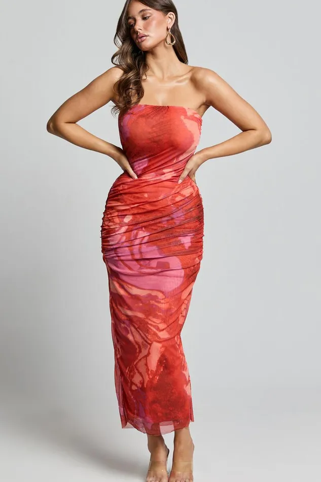 Yazmin Midi Dress 8211 Strapless Ruched Mesh Slip Dress In Pink Blur Print Women Showpo Dresses