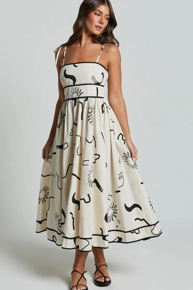 Zane Midi Dress 8211 Sleeveless Tie Straps A Line Dress In Black And White Print Women Showpo Conscious