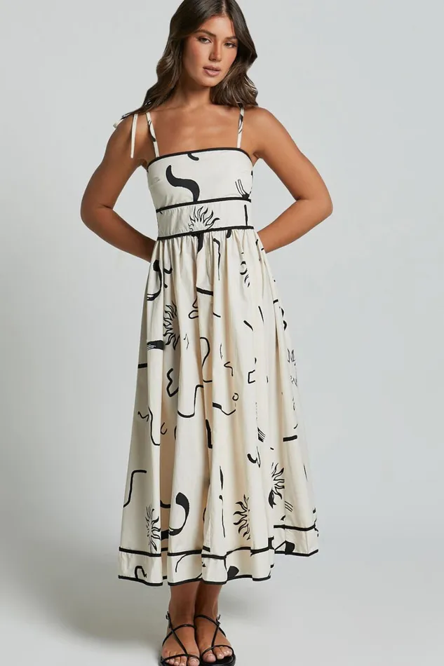 Zane Midi Dress 8211 Sleeveless Tie Straps A Line Dress In Black And White Print Women Showpo Conscious