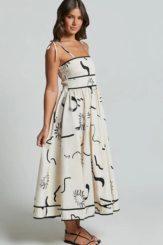 Zane Midi Dress 8211 Sleeveless Tie Straps A Line Dress In Black And White Print Women Showpo Conscious