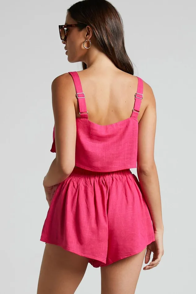 Zanrie Two Piece Set 8211 Linen Look Square Neck Crop Top And High Waist Mini Flare Shorts Set In Hot Pink Women Showpo Curve Clothes