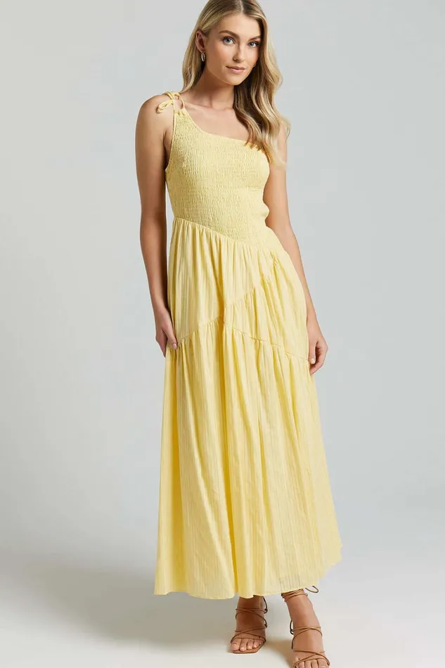 Zhibet Midi Dress 8211 One Shoulder Tie Fit And Flare Dress In Yellow Women Showpo Dresses