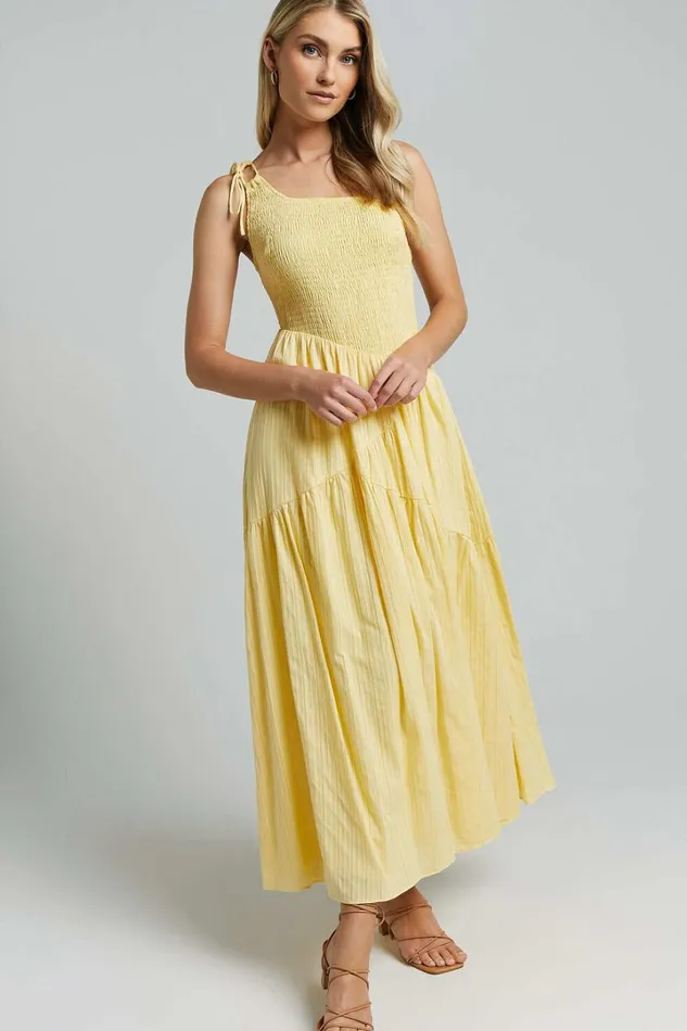 Zhibet Midi Dress 8211 One Shoulder Tie Fit And Flare Dress In Yellow Women Showpo Dresses