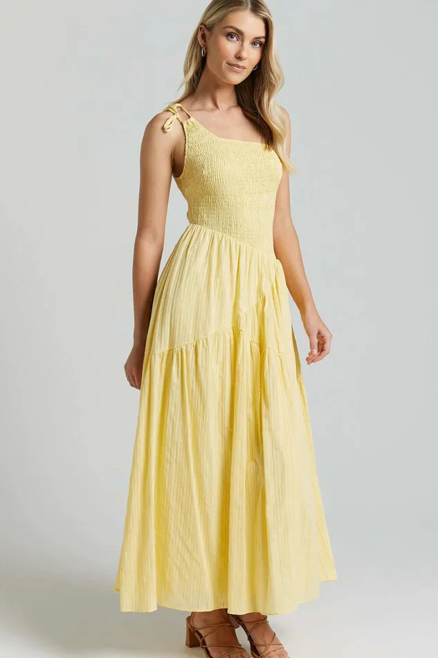 Zhibet Midi Dress 8211 One Shoulder Tie Fit And Flare Dress In Yellow Women Showpo Dresses