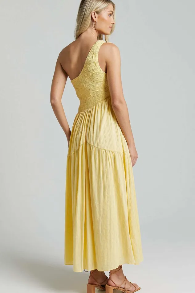 Zhibet Midi Dress 8211 One Shoulder Tie Fit And Flare Dress In Yellow Women Showpo Dresses