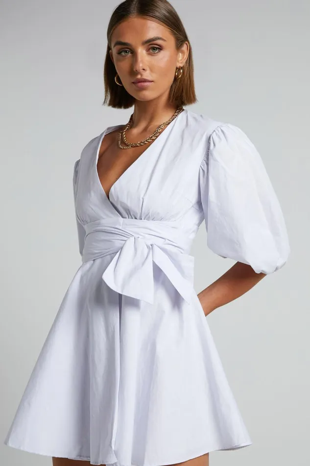 Zyla Mini Dress 8211 Puff Sleeve Wrap Dress In White Women Showpo Dresses