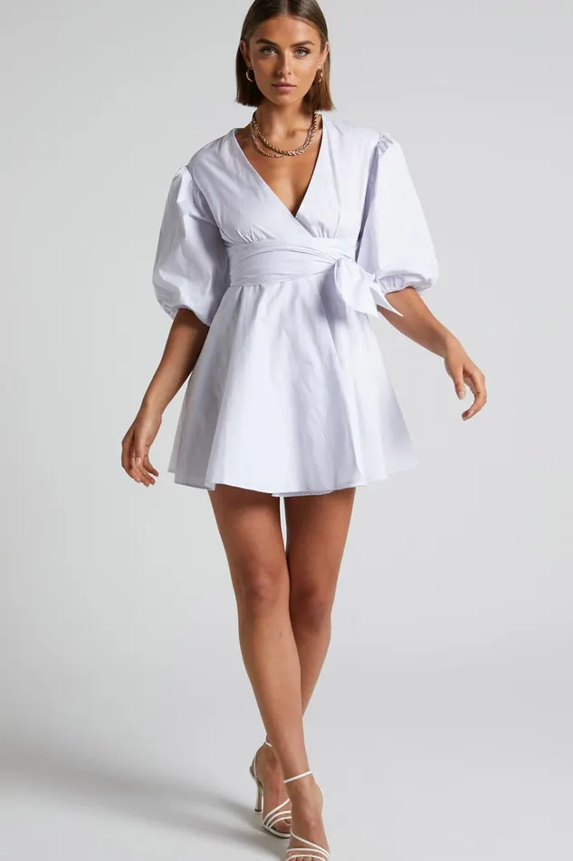 Zyla Mini Dress 8211 Puff Sleeve Wrap Dress In White Women Showpo Dresses